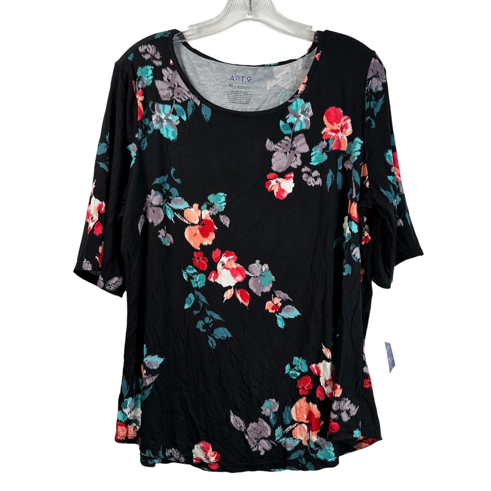 Apt. 9 Women XL Black Floral Essential Elbow-Sleeve Tee Scoop Neck Top NWT